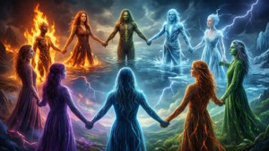 Eight women in elemental magic robes form a circle holding hands under stormy skies. — Sense8 Wallpaper