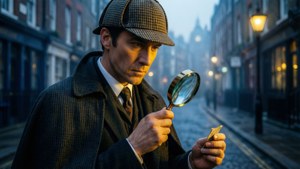 Detective in deerstalker hat examines note with magnifying glass on foggy street at dusk. — Tv Shows Picture