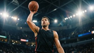 Basketball player shooting in a crowded arena under bright lights. — Basketball Wallpaper