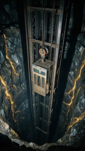 Eine vertikale Szene eines mechanischen Aufzugs, der in eine dunkle Mine mit glühenden Erzadern hinabsteigt.