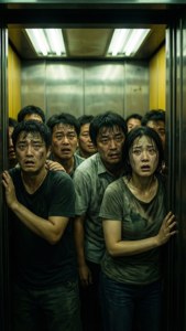 Una escena de ascensor abarrotado y parpadeante que amplifica el horror claustrofóbico.