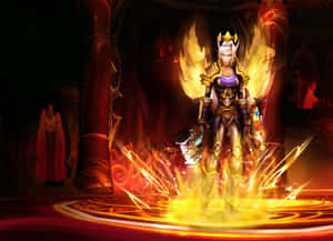 Fantasy-Krieger in goldener Rüstung, umgeben von Flammen in einer dunklen, kathedralenartigen Umgebung. — Schnee weihnachtshintergrund Bild Hintergrundbild