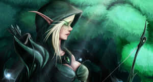 Elven archer in dark cloak holding bow in enchanted forest at dusk. — Buddy The Elf Picture