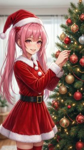Anime girl in elf costume decorating Christmas tree — Anime Christmas Background