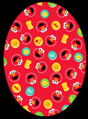 Red oval wallpaper with repeating Elmo faces and colorful icons.