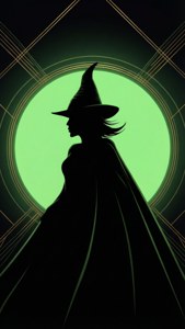 A sleek art deco wallpaper featuring a minimalist silhouette of Elphaba from Wicked.