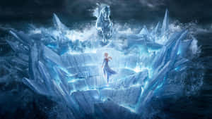 A woman in a blue gown stands on ice as a glowing horse rises from icy waves. — Elsa Background
