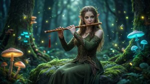 Mulher elfa de fantasia tocando flauta de madeira em uma floresta mística brilhante
