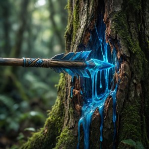 Pfeil steckt in einem Baum mit glühendem Saft.