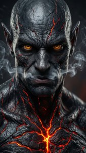 Potret hiperrealistis dari iblis dengan retakan lava dan mata kuning