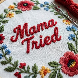 Roter bestickter 'Mama Tried' auf weißem Leinen mit Blumenstichen, Makro-Nahaufnahme.