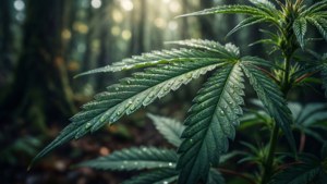 Macro de hoja de cannabis con rocío en bosque místico