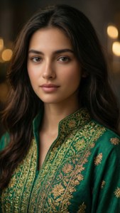Close-up portrait of a young woman in emerald green cadar with gold embroidery.
