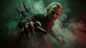 Freddy Krueger coming out of the wall with claw extended
