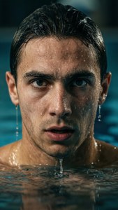 Intensive Nahaufnahme des Gesichts eines Schwimmers, das aus dem Wasser auftaucht, dramatisch und kraftvoll.