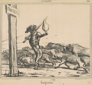 Emigration by Honoré Daumier, created 1856, in lithograph. Download this artwork as a high-resolution wallpaper for desktop, tablet, or mobile. — Honoré Daumier Wallpaper