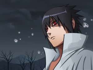 Anime character with red eyes and black hair in a dark night setting with glowing orbs.