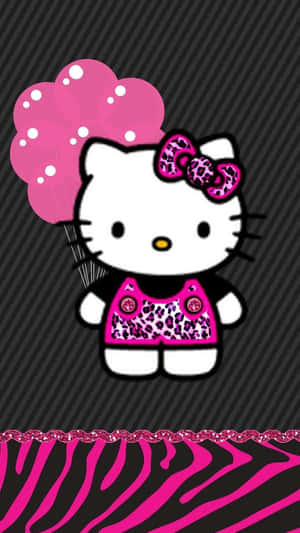 Hello Kitty holding pink balloons in leopard print outfit on striped background. — Emo Hello Kitty Picture