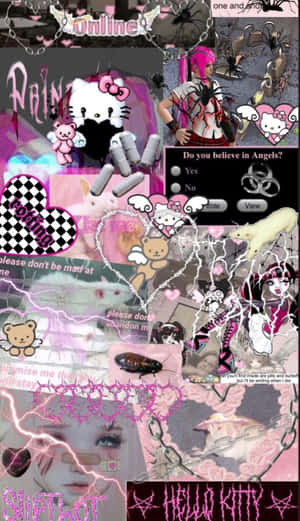 Gothic pink collage with Hello Kitty, anime characters, and chaotic text elements. — Emo Hello Kitty Picture