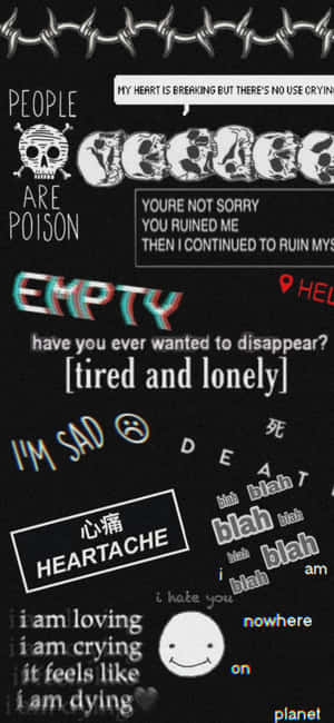 Dark wallpaper with emotional text phrases and skull imagery under barbed wire.