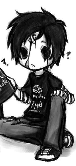 Chibi anime boy holding a book titled Finding EMO looking confused with question marks. — Emo iPhone Picture
