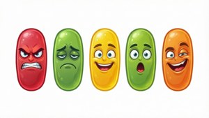 Five Sour Patch Kids showing different emotions in vector art style.