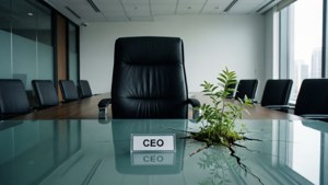 Ruang rapat perusahaan dengan kursi CEO kosong dan tanaman yang tumbuh melalui meja kaca retak, melambangkan integritas.