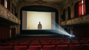 Bagian dalam bioskop Prancis tua yang berdebu, dengan satu sinar proyektor dan siluet.