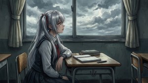 Isla em sala de aula vazia olhando pela janela, papel de parede nostálgico de anime