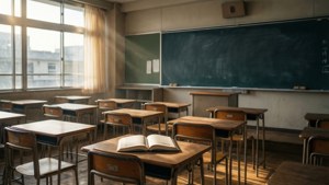 Empty classroom with sunlight and an open book.
