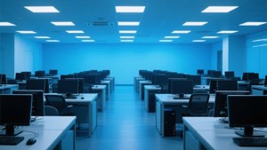 Rows of computers in an empty lab with blue lighting, modern and clean.