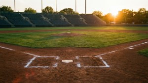 Lapangan baseball kosong pada jam emas dengan matahari terbenam di balik pepohonan.