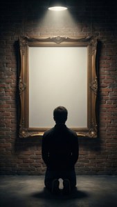 En silhuet knæler foran en tom billedramme, der symboliserer håbløs pessimisme.