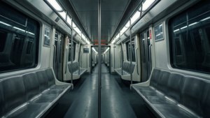 Forladt metrovogn med stemningsfuld belysning og tunnelrefleksioner om natten