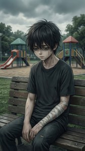 Ein trauriger Anime-Junge mit Verbänden sitzt auf einer Parkbank unter einem bewölkten Himmel.