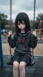 Verdrietig anime-personage op schommel op lege speelplaats, bewolkt