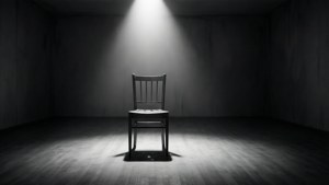 Et minimalt tomt rum med en stol under en spotlight symboliserer eksistentiel isolation og absurditet.