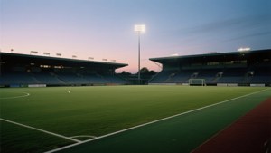 Atmospheric view of a field hockey stadium at twilight.