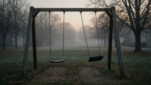 Ein verlassener Schaukelständer im Nebel ruft die Qual von Verlust und Abwesenheit hervor