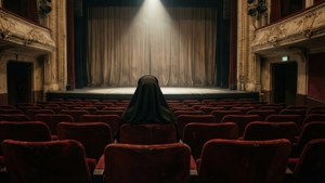 Nonnen hjemsøker et forlatt teater i denne vintage-stil bakgrunnen