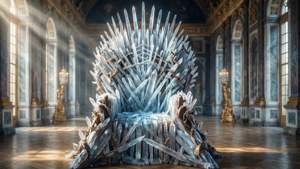 Lege kristallen troon in een grote zaal met zonnestralen die een zetel voor de waardige symboliseren