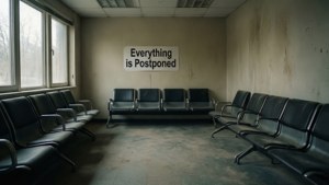 Wartezimmer mit verschobenem Schild, gedämpft und surreal.