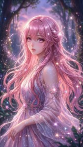 Anime-Mädchen mit rosa Haar und glühendem Kleid im verzauberten Wald — Magisches Mädchen Wallpaper