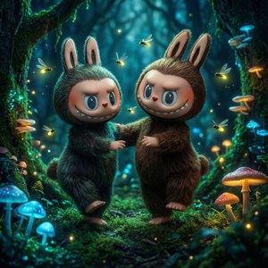 Bubu dan Dudu berputar di antara kunang-kunang di hutan yang bercahaya.
