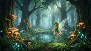 A magical VRChat forest with glowing mushrooms and a fairy avatar.
