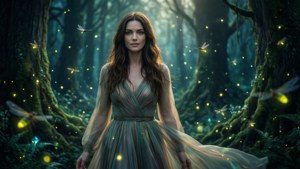 Caitlin Stasey come un essere etereo in una foresta magica con lucciole.