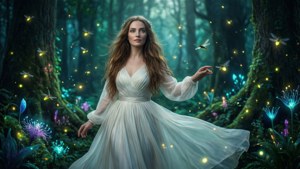 Rainha Beatrix em uma floresta mística com vaga-lumes e plantas brilhantes.