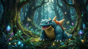 Ein magisches Wallpaper von Gyarados, der in einem mystischen Wald ruht.