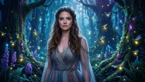 A woman in a glowing gown stands in a magical forest filled with fireflies and purple flowers. — Mckenna Grace Picture