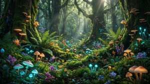Un primo piano magico di un pavimento forestale che esplode di flora e funghi luminosi.